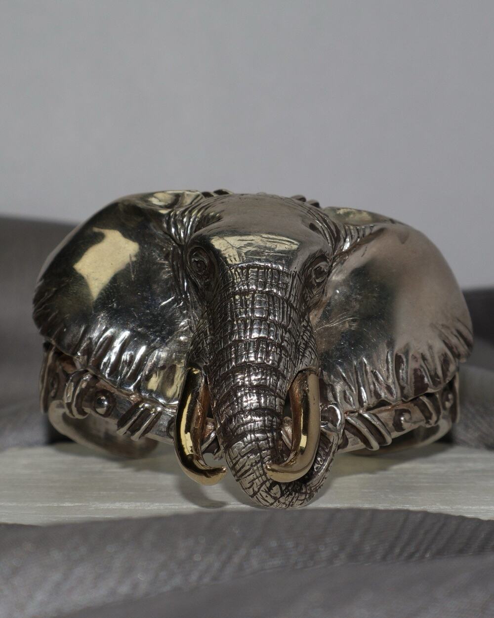 Elephant Sterling Silver & 14k Yellow Gold Cuff Bracelet 111.5G / 6in